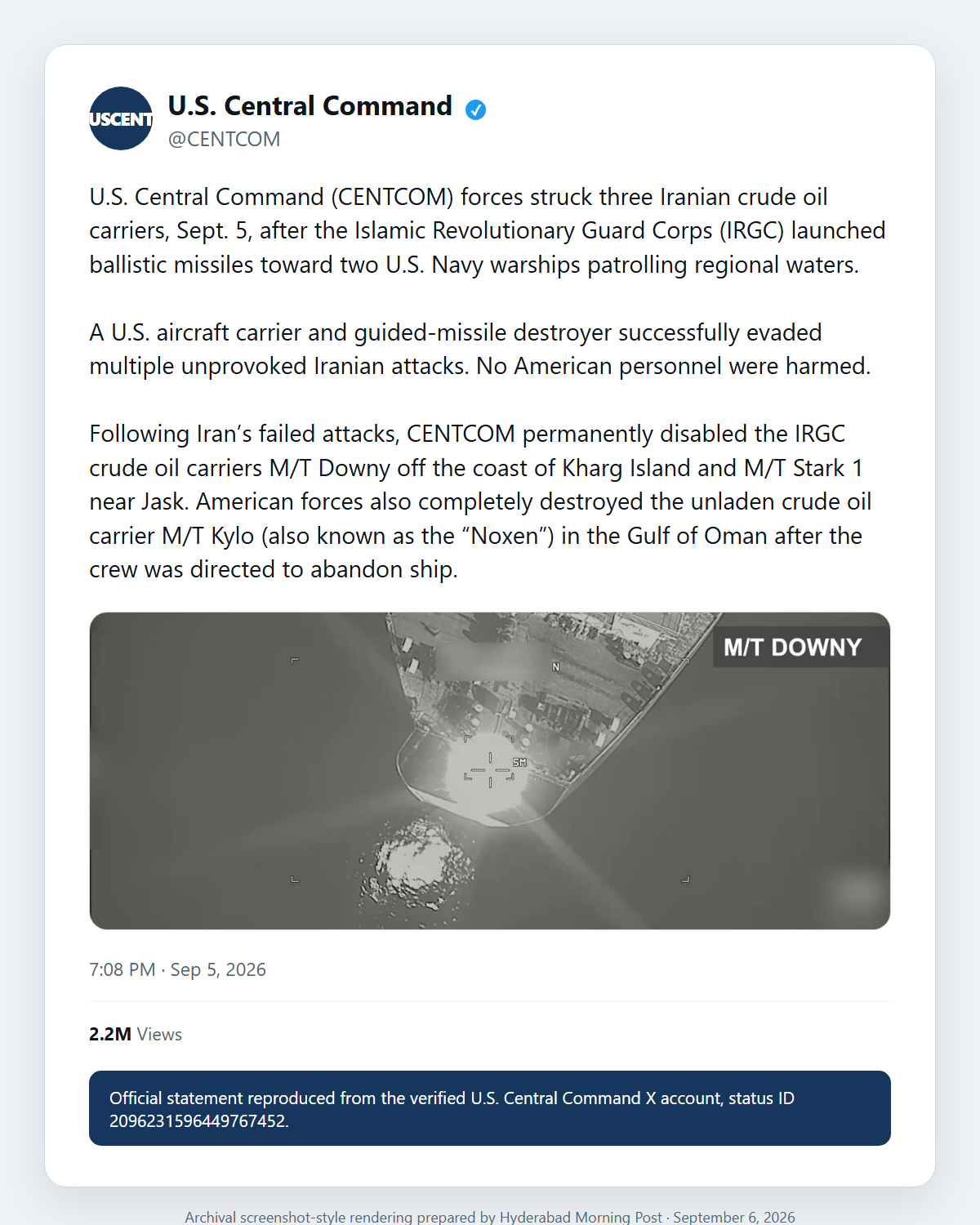 Screenshot-style rendering of the official CENTCOM X post announcing strikes on three Iranian oil tankers