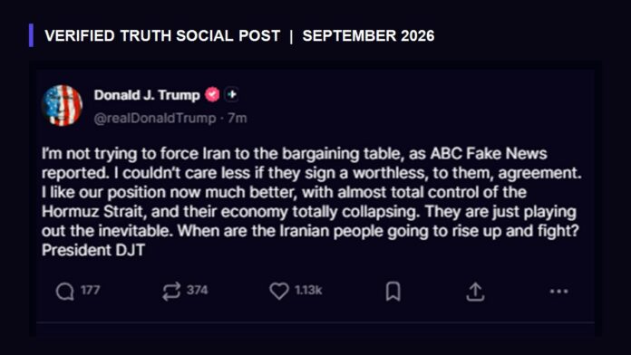 Verified Donald Trump Truth Social statement about Iran and the Strait of Hormuz